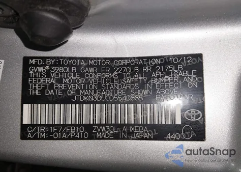 2013 Toyota Prius Two from USA, damaged, VIN JTDKN3DU0D5540885